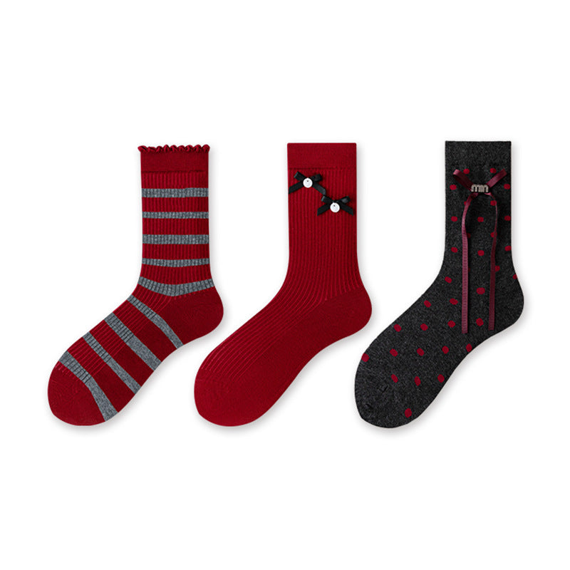 3-Pack Women's Mid-Calf Cotton Socks in Red Collection
