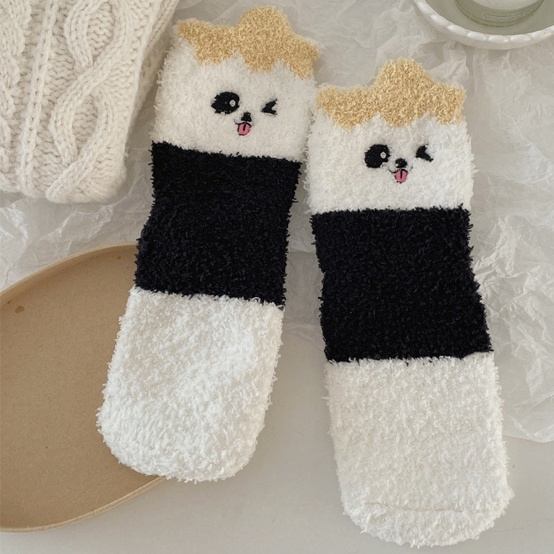Winter Coral Fleece Socks for Women - Cute Fluffy Panda Design, Warm Cozy Home Slipper Socks, Non-Slip Sole, Soft Fuzzy Footwear for Indoor Lounging