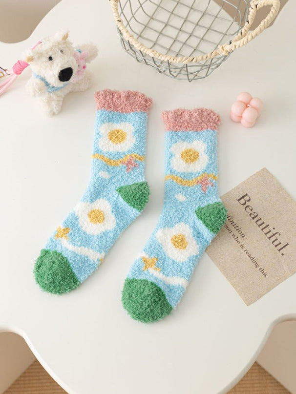 Women's Mid-Calf Coral Fleece Socks - Vibrant INS-Style House Socks