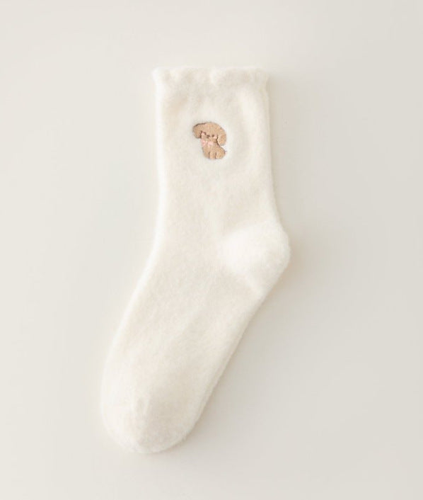 White Women's Embroidered Puppy Mid-Calf Socks