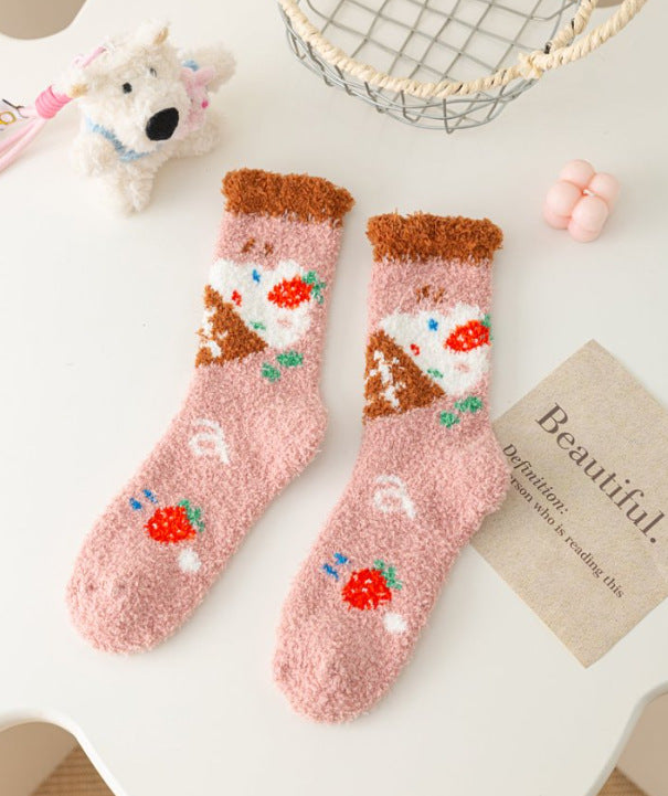 Women's Mid-Calf Coral Fleece Socks - Vibrant INS-Style House Socks