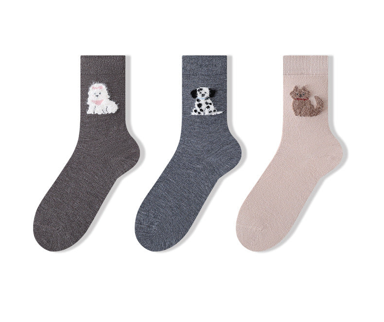 3-Pack Cute Dog Socks - Seamless Merino Cotton Blend Winter Socks for Women