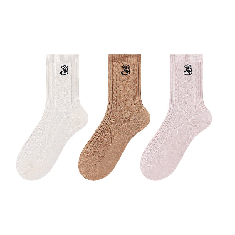 Diamond-Stitch Double-Needle 3-Pair Pack Mid-Calf 6% Mercerized Wool