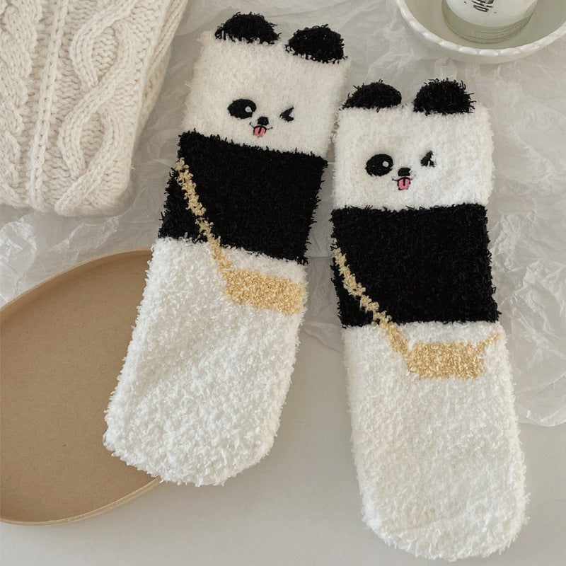 Winter Coral Fleece Socks for Women - Cute Fluffy Panda Design, Warm Cozy Home Slipper Socks, Non-Slip Sole, Soft Fuzzy Footwear for Indoor Lounging