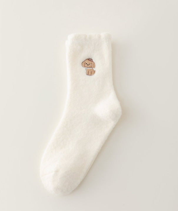 White Women's Embroidered Puppy Mid-Calf Socks