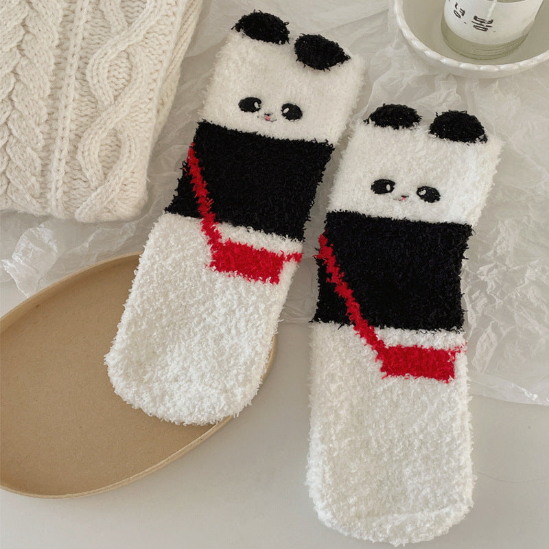 Winter Coral Fleece Socks for Women - Cute Fluffy Panda Design, Warm Cozy Home Slipper Socks, Non-Slip Sole, Soft Fuzzy Footwear for Indoor Lounging