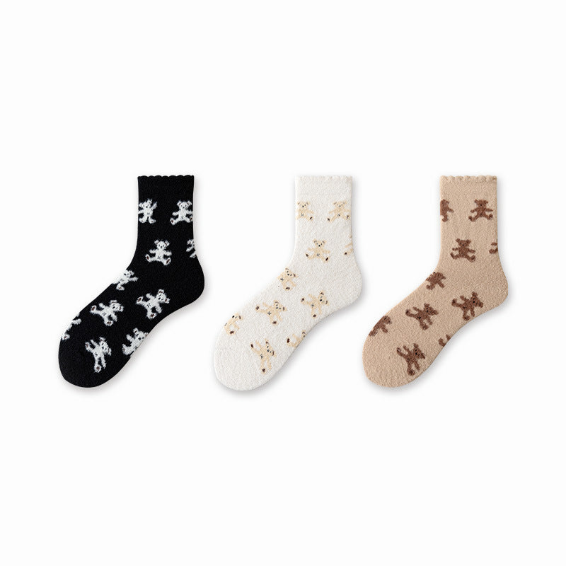 3-Pair Teddy Bear Fleece Socks for Women - Winter & Autumn Floor Socks