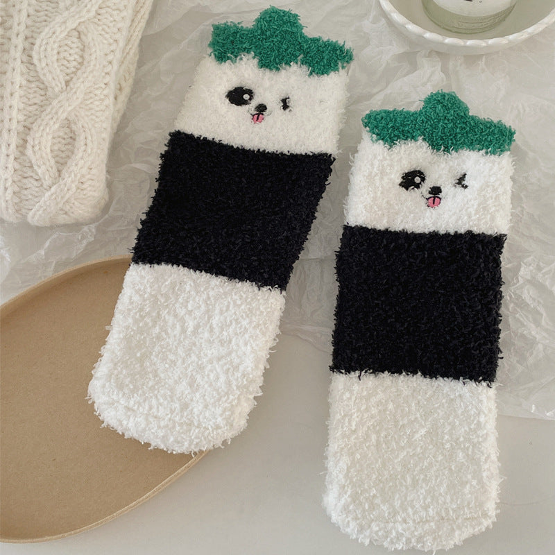 Winter Coral Fleece Socks for Women - Cute Fluffy Panda Design, Warm Cozy Home Slipper Socks, Non-Slip Sole, Soft Fuzzy Footwear for Indoor Lounging