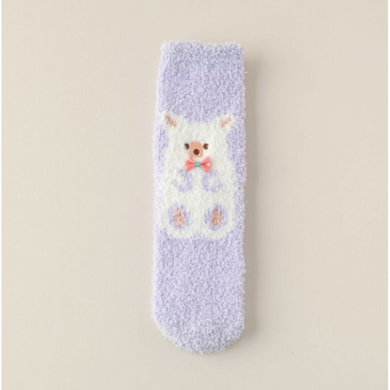 Autumn & Winter Coral Fleece Socks for Women - Cartoon Hamster Pattern, Thickened Warmth, Mid-Calf Length, Perfect for Home, Floor & Sleep