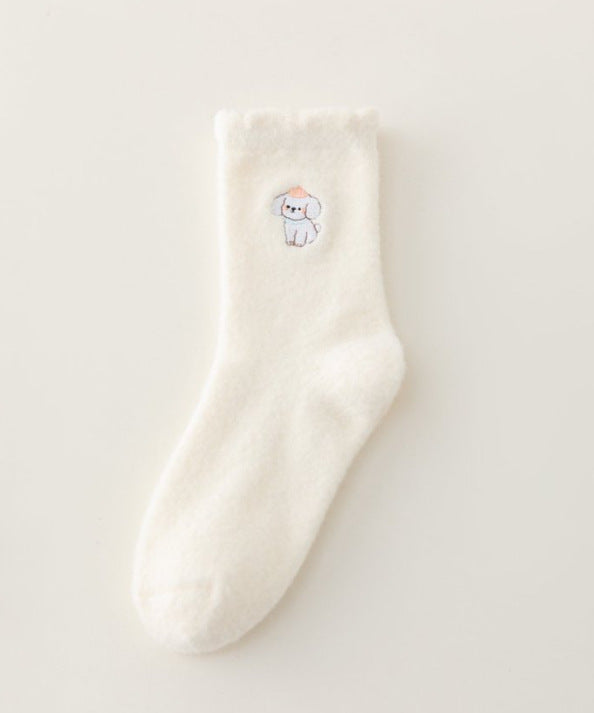 White Women's Embroidered Puppy Mid-Calf Socks