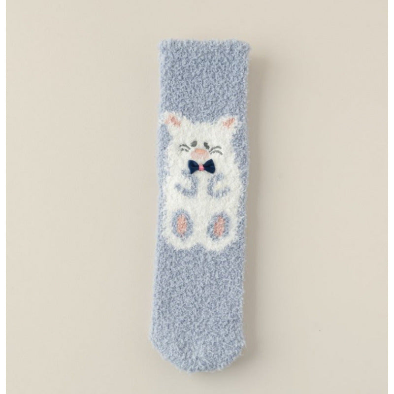 Autumn & Winter Coral Fleece Socks for Women - Cartoon Hamster Pattern, Thickened Warmth, Mid-Calf Length, Perfect for Home, Floor & Sleep