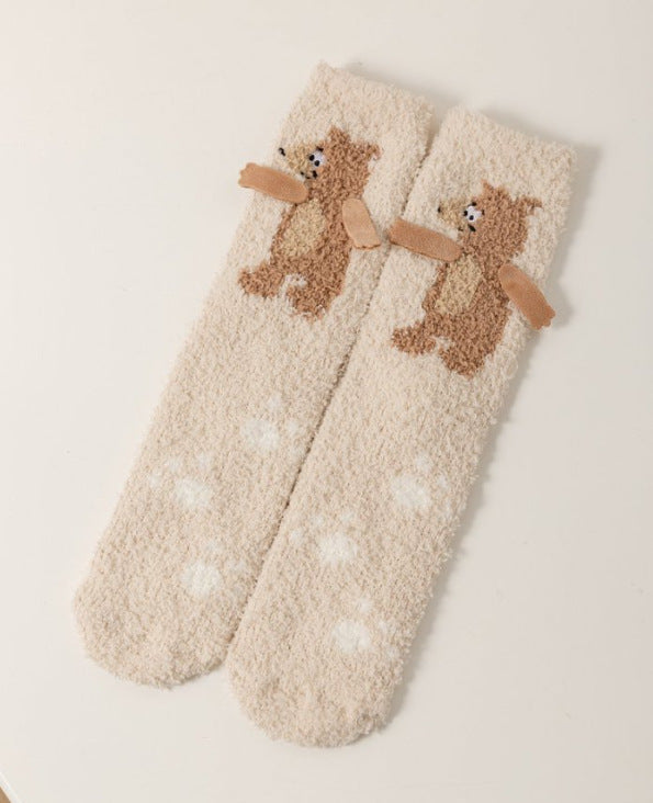 Autumn & Winter Women's Coral Fleece Mid-Calf Socks - Adorable Cartoon Print Warm Socks