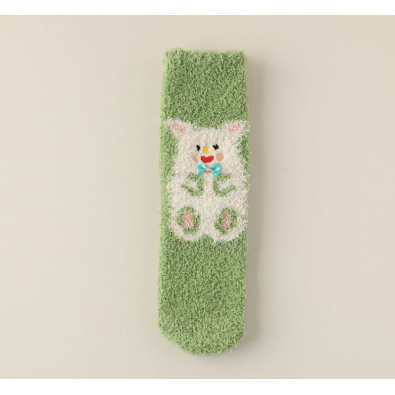 Autumn & Winter Coral Fleece Socks for Women - Cartoon Hamster Pattern, Thickened Warmth, Mid-Calf Length, Perfect for Home, Floor & Sleep