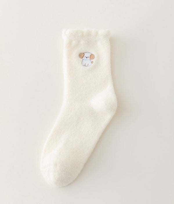 White Women's Embroidered Puppy Mid-Calf Socks