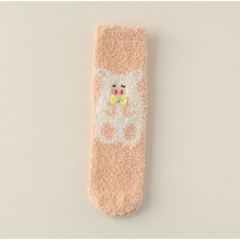 Autumn & Winter Coral Fleece Socks for Women - Cartoon Hamster Pattern, Thickened Warmth, Mid-Calf Length, Perfect for Home, Floor & Sleep