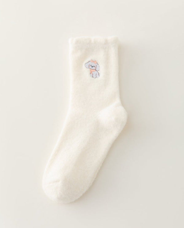 White Women's Embroidered Puppy Mid-Calf Socks