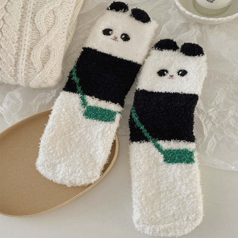 Winter Coral Fleece Socks for Women - Cute Fluffy Panda Design, Warm Cozy Home Slipper Socks, Non-Slip Sole, Soft Fuzzy Footwear for Indoor Lounging