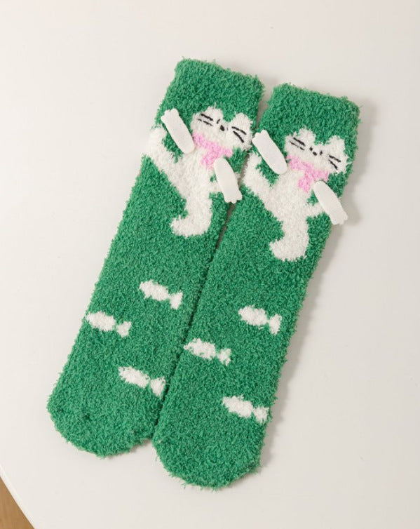 Autumn & Winter Women's Coral Fleece Mid-Calf Socks - Adorable Cartoon Print Warm Socks