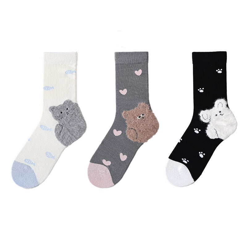 3-Pair Cute Bear Reinforced Heel & Toe Women's Cotton Socks