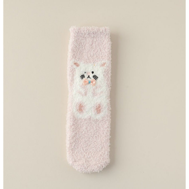 Autumn & Winter Coral Fleece Socks for Women - Cartoon Hamster Pattern, Thickened Warmth, Mid-Calf Length, Perfect for Home, Floor & Sleep